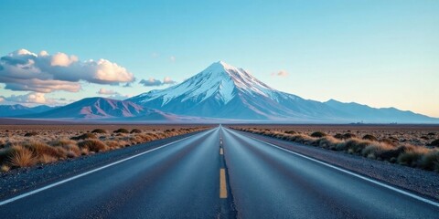Asphalt ribbon unwinding towards a majestic snow-capped peak, under a tranquil sky, promising adventure and exploration ahead