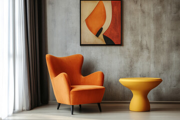 Modern interior with an orange armchair and yellow table, abstract art on the wall, showcasing contemporary and vibrant home decor in a cozy living space.