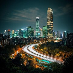 Fototapeta premium Night Cityscape with Illuminated Skyscrapers and Highway