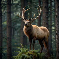 Fototapeta premium Majestic Elk Standing Tall in a Mystical Forest Landscape