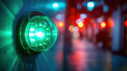 Emergency green light exit alarm on the wall in the building interior. Danger warning for rescue evacuation because of the fire, protection, safety and security system. Caution signal.