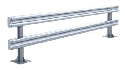 Metal double guardrail protecting roadside with transparent background