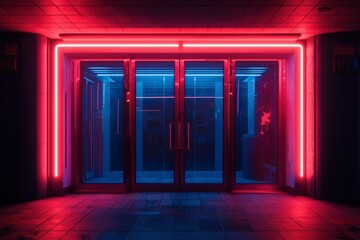 Neon Night Entrance, Urban Scene, Empty Doors