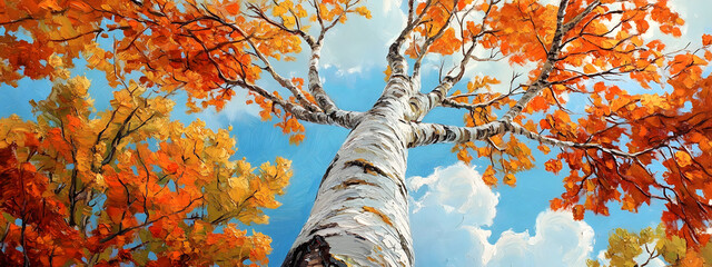 A tall, white birch tree with bright, autumn-colored leaves at the top
