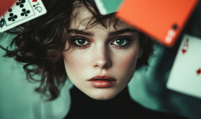 Captivating Portrait of a Woman Surrounded by Playing Cards, Reflecting Intense Emotions and Strategy in a Beautifully Styled Composition