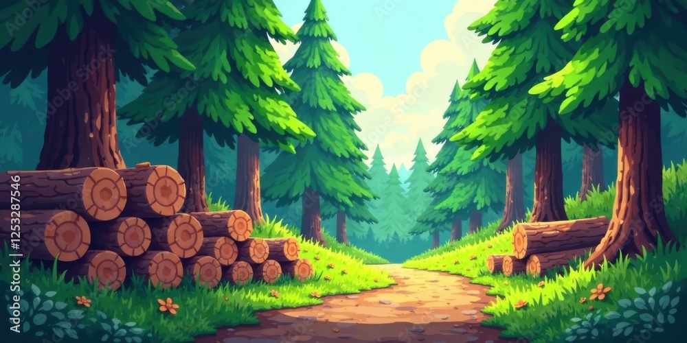 Poster a serene forest path flanked by stacks of timber logs, bathed in sunlight and surrounded by lush gre