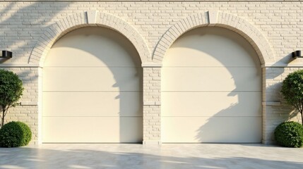 Elegant Cream Garage Doors with Brick Archway and Lush Greenery