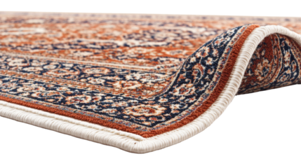 Folded persian carpet corner showing intricate design on transparent background