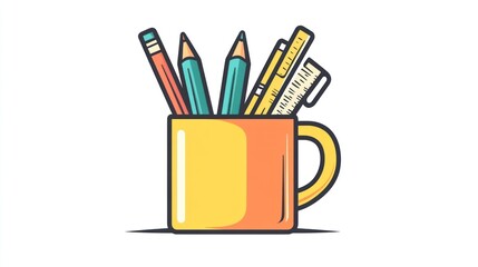 Colorful stationery in a mug; office supplies; graphic illustration; digital art; suitable for backgrounds, posters, and social media