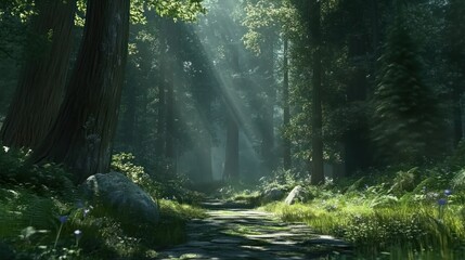 Obraz premium Sunlight Filtering Through the Trees in a Lush Forest Path Scene