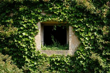 Stone wall covered in ivy with a window