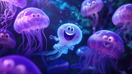 Naklejka premium Cheerful cartoon jellyfish swimming in vibrant underwater scene
