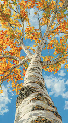 Fototapeta premium A tall, white birch tree with bright, autumn-colored leaves at the top 