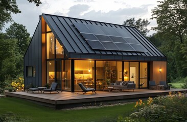 Fototapeta premium Modern eco-friendly house with solar panels in a serene garden during twilight hours