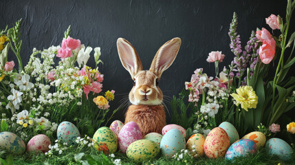 Easter greeting card with cute bunny, colorful eggs, and floral arrangement