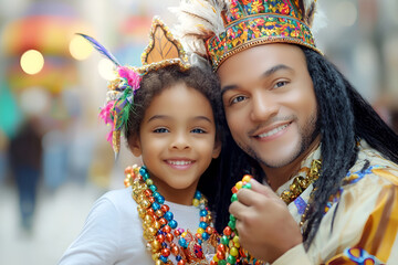 Smiling african family celebrating festival in colorful outfits with beads, Mardi Gras
