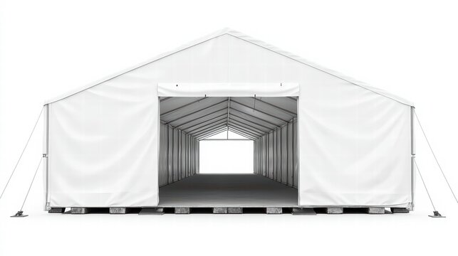 Architectural Marvel: A vast, white marquee tent stretches into the distance, inviting viewers into its spacious interior. The structure exudes simplicity and practicality. 