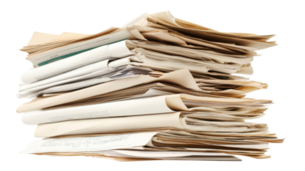 Pile of documents isolated on a transparent background