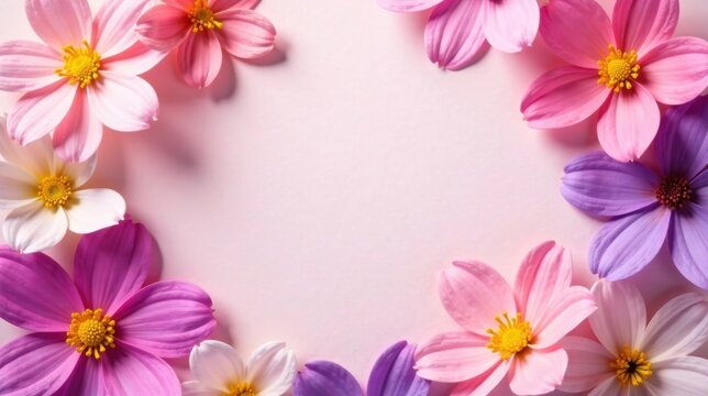 Delicate pastel cosmos blossoms arranged in a charming frame on a soft pink background, creating a serene and elegant floral border perfect for invitations or announcements