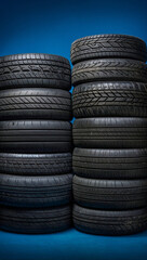 Obraz premium Quality tires arranged in a row on a blue background, highlighting their tread patterns and structure.