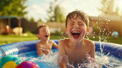 Happy boy playing in inflatable pool with friend, splashing water and enjoying sunny day. Laughter and joy fill air as they create fun memories together