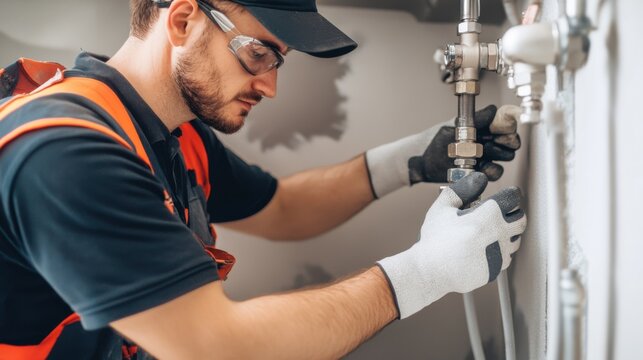 A focused shot of a plumber installing plumbing fixtures in a newly constructed residential bathroom, Residential plumbing installation scene, Plumbing craftsmanship style