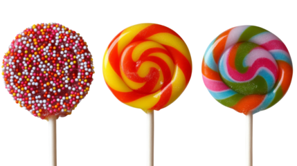 Colorful lollipops with transparent background displaying vibrant swirls