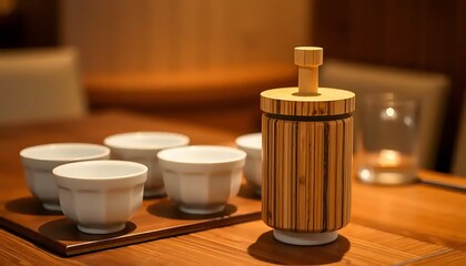 Wooden Tea Container and Ceramic Cups on Table