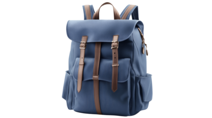 Stylish blue backpack with leather straps on transparent background