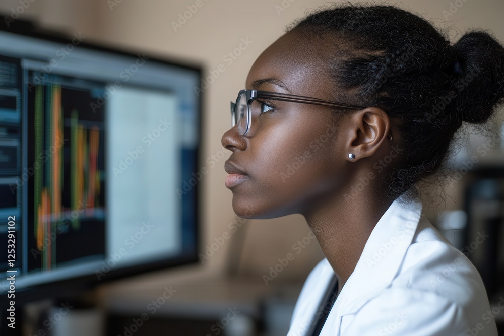 Poster senior female data scientist working with complex data visualizations .
