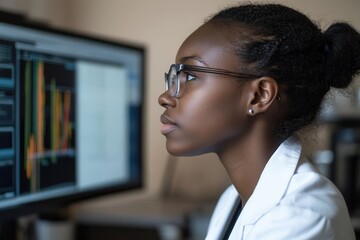 Senior female data scientist working with complex data visualizations .