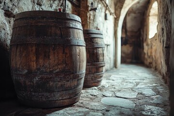 Old wooden vine barrels in an old italian cellar with stone floor and walls.