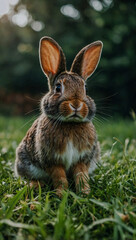 Fototapeta premium Rabbit sitting in grass with leaves flying around.