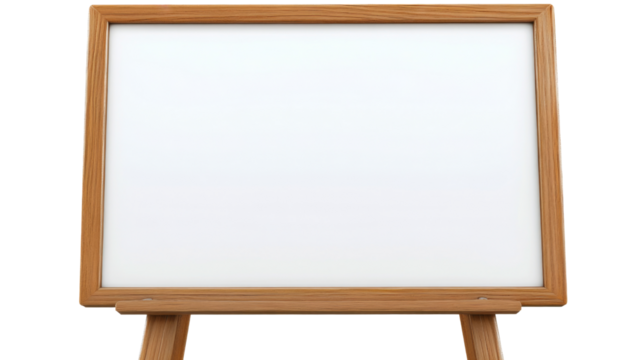 Empty whiteboard on wooden easel with transparent background for easy editing