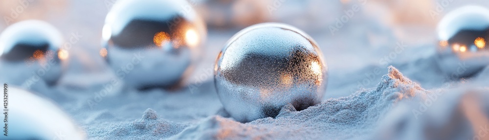 Poster multiple metallic spheres with different textures are arranged throughout a sandy terrain in a futur