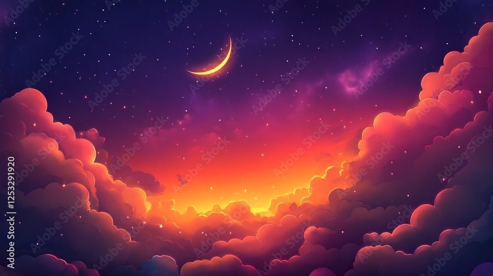 Wall mural ramadan kareem celebration background with glowing crescent moon, shimmering stars, and soft illumin