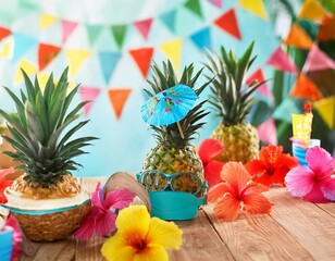 Pineapples wearing sunglasses and colorful hawaiian themed birthday party decorations