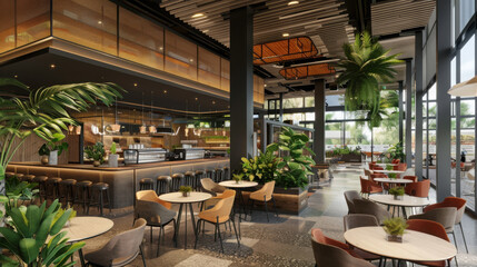 Fototapeta premium In a contemporary welcoming dining area with statement decoration, high ceiling, indoor plants, soft light in high resolution.