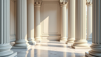 Fototapeta premium Elegant Roman marble column background – towering white Corinthian columns with intricate carvings, bathed in soft golden light