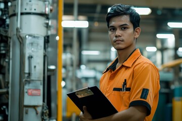 Portrait of factory worker standing with clipboard in factory.