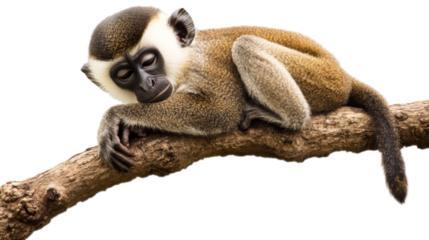 Monkey sleeping peacefully on a branch with transparent background