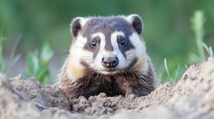Fototapeta premium Young badger peeking from burrow, grassland background, wildlife photography