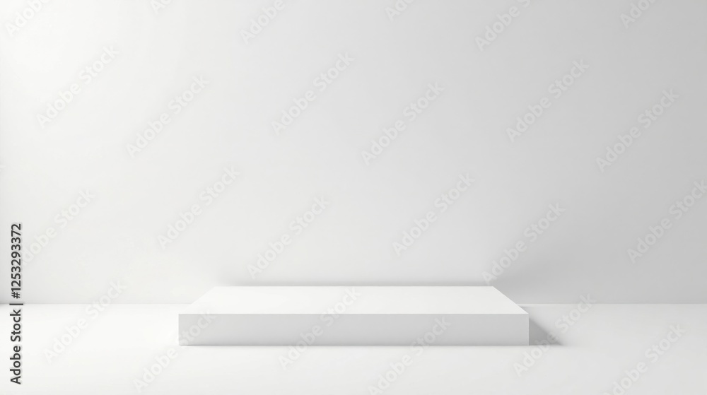 Poster clean minimalist white platform on a blank wall background, ideal for product showcasing and present