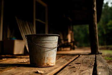 Naklejka premium Rustic porch bucket on weathered wooden planks. Possible use Stock photo for rustic themes, porch scenes, or vintage items
