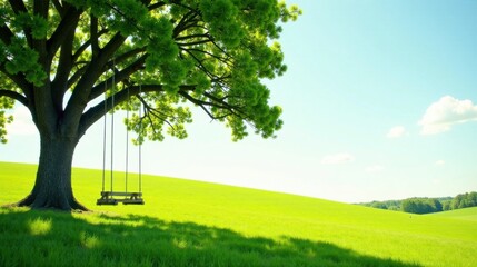 Fototapeta premium Serene Summer Scene A Rustic Wooden Swing Hanging Beneath the Lush Canopy of a Mighty Oak Tree in a Verdant Meadow Under a Bright Blue Sky