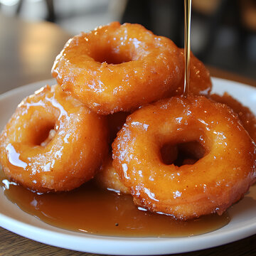 Golden picarones drizzled with syrup on white plate, showcasing their sweet and crispy texture. These traditional Peruvian treats are perfect for dessert lovers