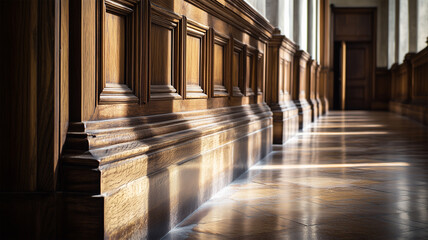 Fototapeta premium 裁判所の廊下に並ぶ古い木製扉と彫刻のアートショット