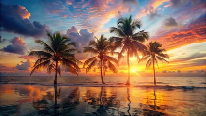 Fototapeta premium Serene Sunset Vista Palm Trees Silhouetted Against a Vibrant Sky Reflected in Tranquil Waters