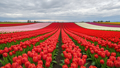 High-angle view of vibrant red tulip farm with endless rows and soft lighting under cloudy sky