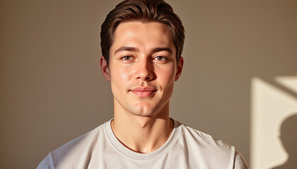 Obraz premium Well-groomed young man with flawless skin and styled hair, minimalistic portrait in natural light